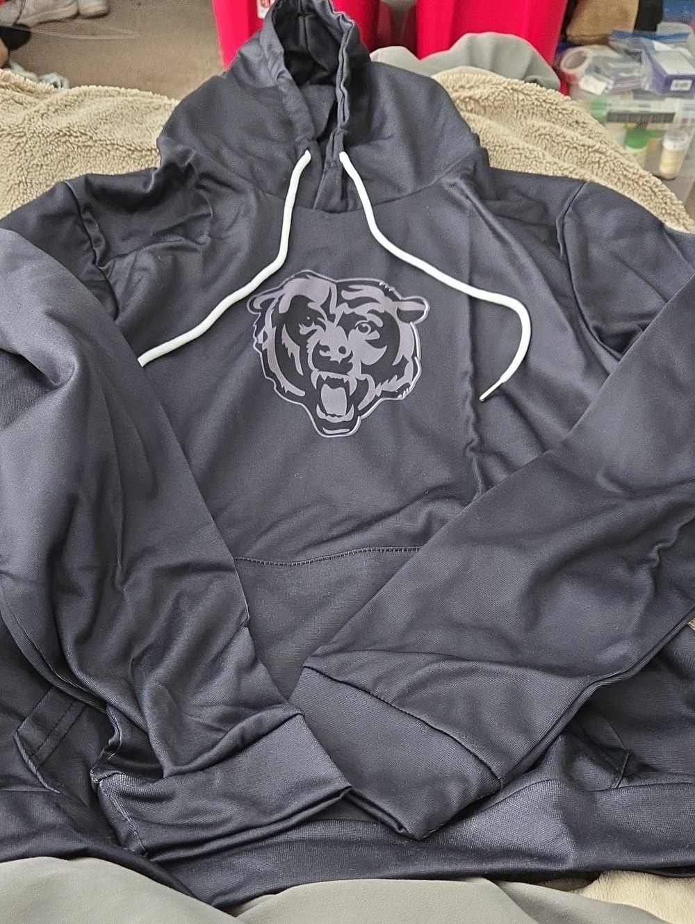Black Hoodie with Bear Graphic and White Drawstrings
